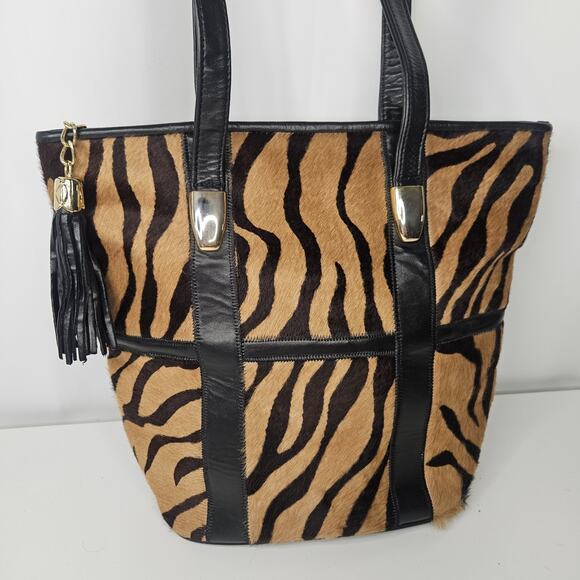 Vtg Genuine Leather Cowhide Animal Print Hair-on Tote Handbag Purse - Picture 2 of 10